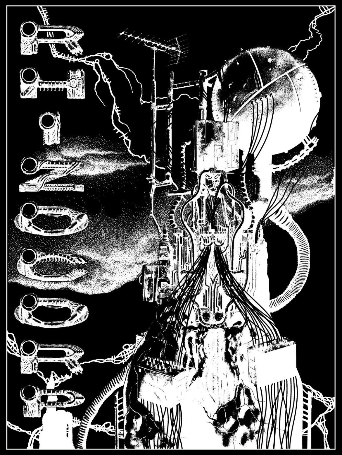 Black-and-white biomechanical Rhizocorp artwork